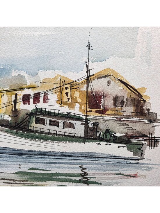 Other - Original Watercolor Coastal Landscape Signed By Artist With Boat & Buildings